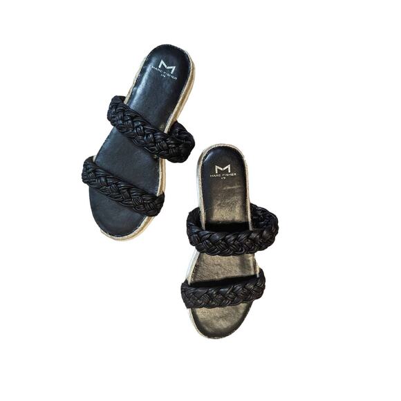 Marc Fisher Jaimee Black Leather Braided Espadrilles Slides Sandals size 8.5 - Picture 1 of 3